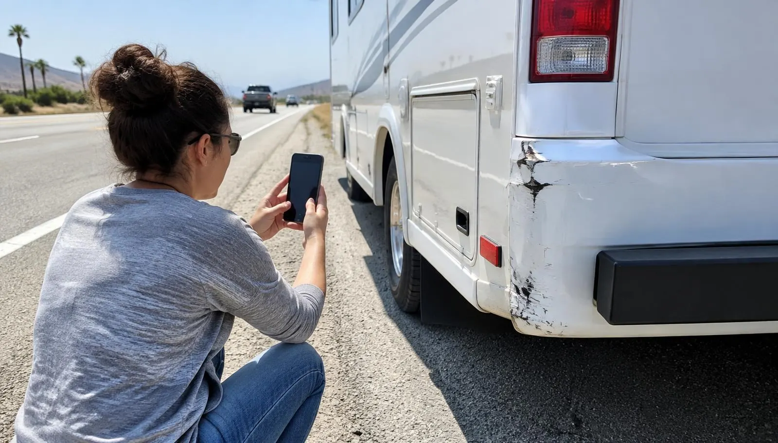 Owner photographing accident damage on the rear corner of a motorhome on a roadside shoulder