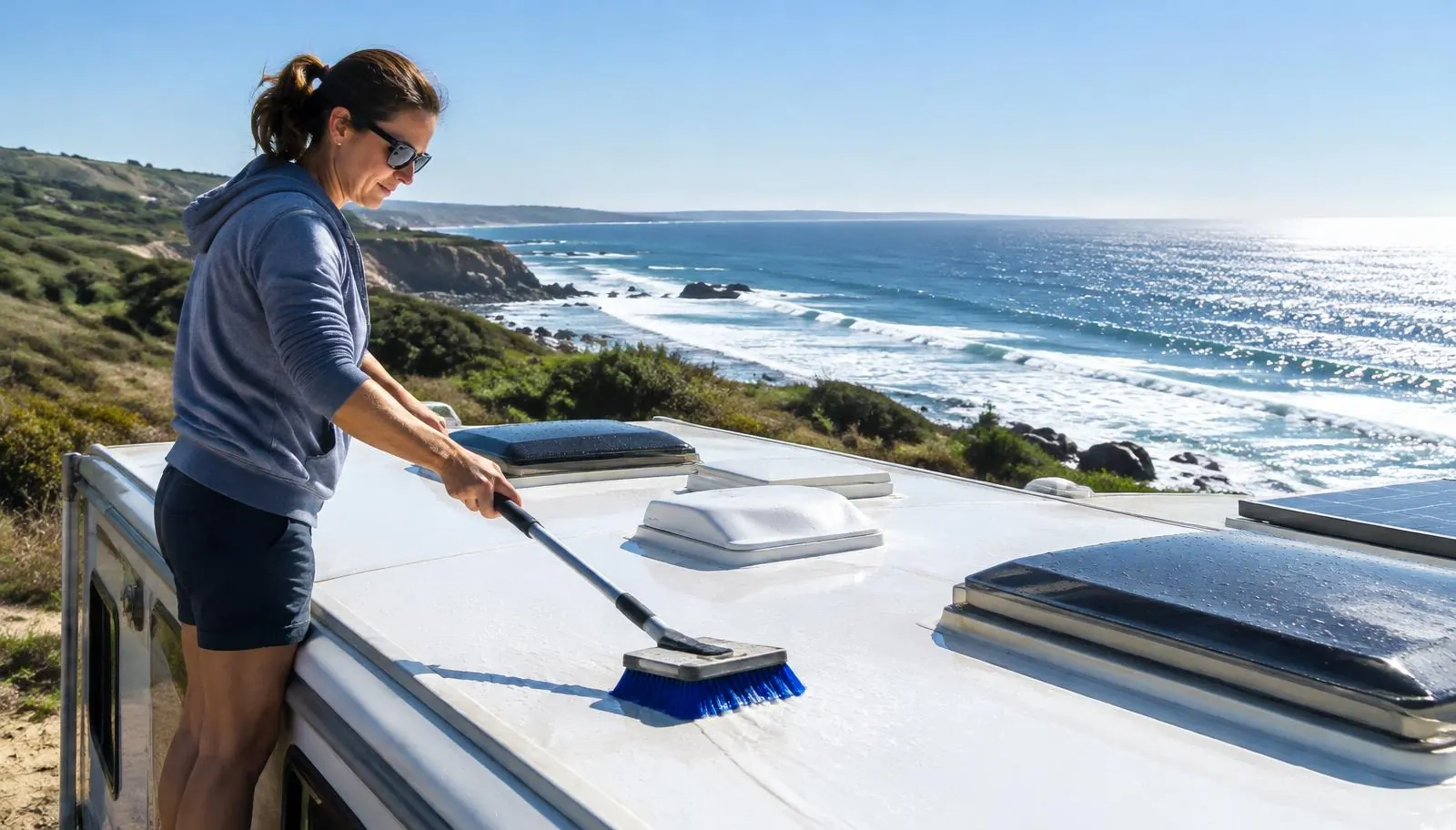 RV owner cleaning a white RV roof with a soft brush above the ocean