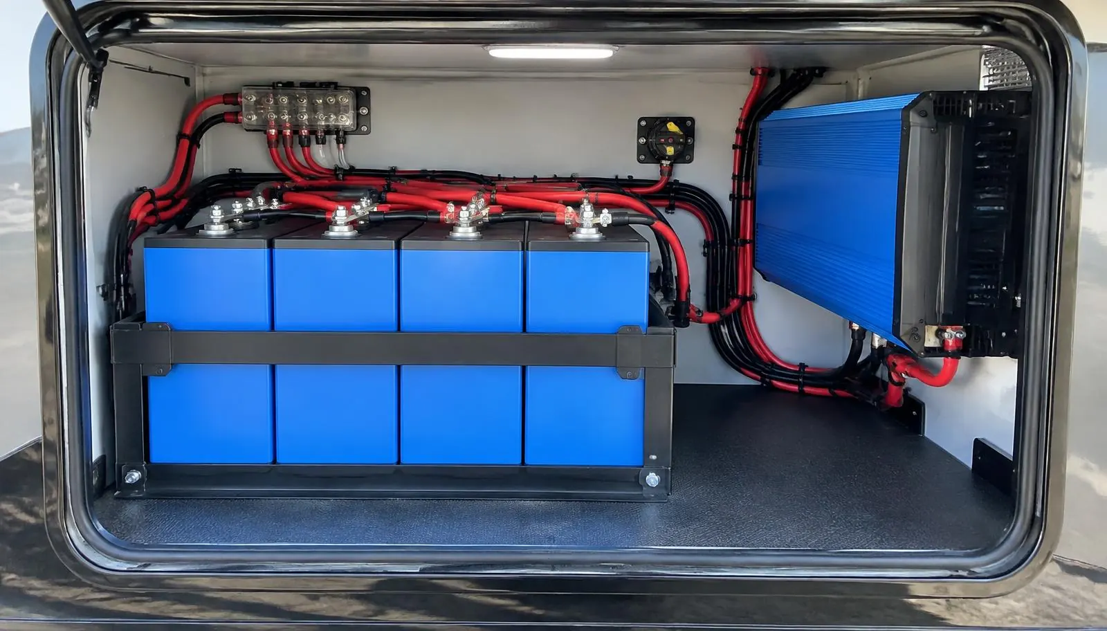 Lithium battery bank and inverter neatly installed in an RV storage compartment